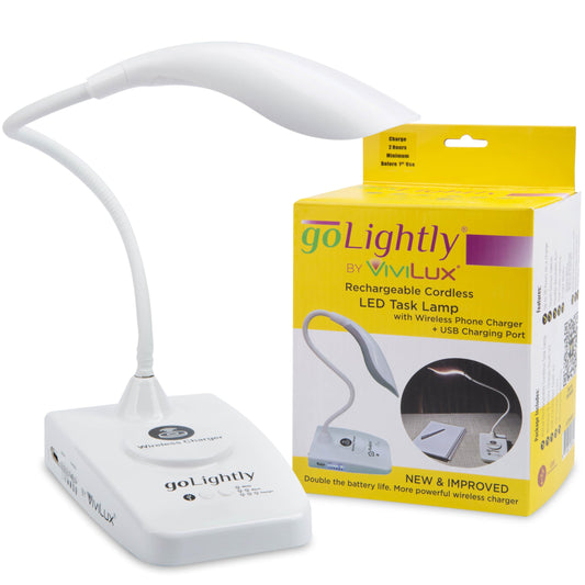 goLightly by ViviLux LED Rechargeable Desk Lamp with Wireless Charging Port, 20 Hour Battery, Portable Task Lighting for Crafts, Sewing & Study