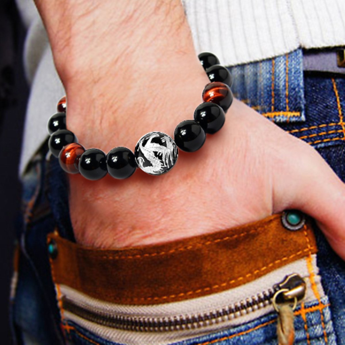 Merdia Men's Tiger Eye Stone Elastic Bead Bracelet with Loong Pattern Bead | Mens Jewelry | Loong Bracelet for Men | Mens Bracelet | Beaded Bracelet | Tiger Eye Bracelet Men | Crystal Bracelet