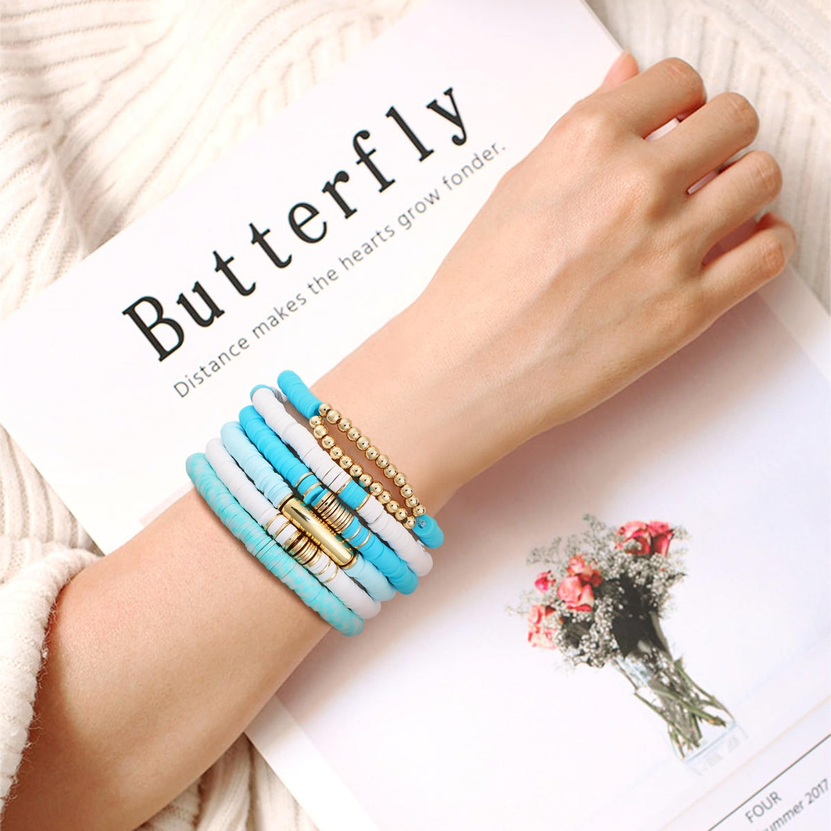 GOOJIDS Surfer Heishi Clay Bead Bracelets for Women Bohemian Stackable Gold Plated Beaded Stretch Bracelets Elastic Layering Friendship Bracelets Set Boho Jewelry
