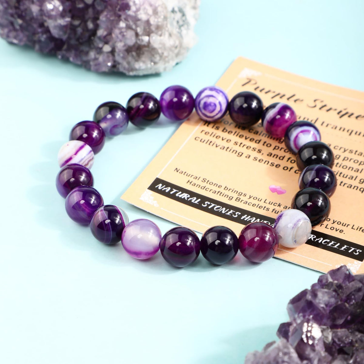 AD Beads 4mm Handmade Purple Stripe Agate Elastic Bracelet – Natural Gemstone for Peace and Tranquility – Meditation, Yoga, Healing and Energy Gift for Men Women