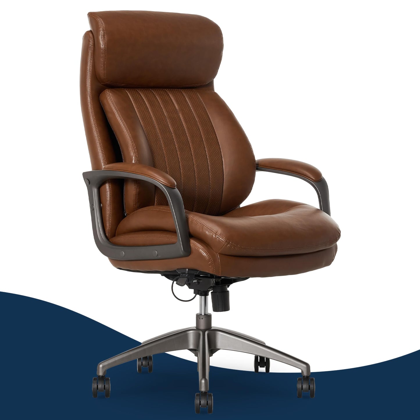 La-Z-Boy Nova Executive Office Chair - Ergonomic High Back Desk Chair with AIR Lumbar Support - Comfortable ComputerChair for Home Office - Vegan Leather - Cognac Brown