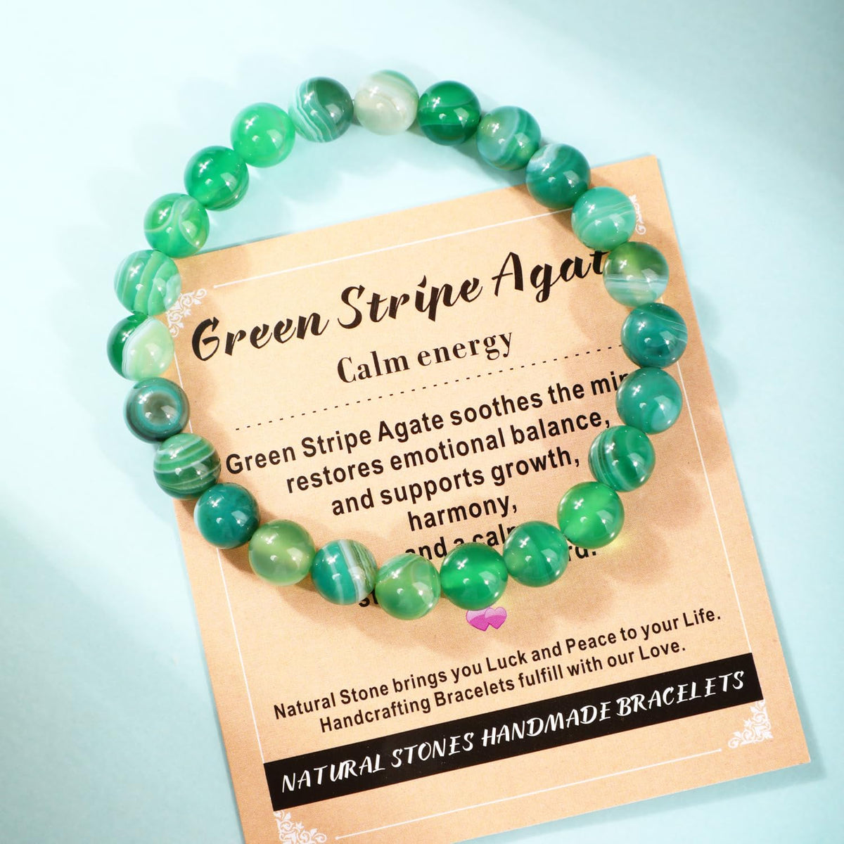 AD Beads 4mm Handmade Green Stripe Agate Elastic Bracelet – Natural Gemstone for Calm energy – Meditation, Yoga, Healing and Energy Gift for Men Women
