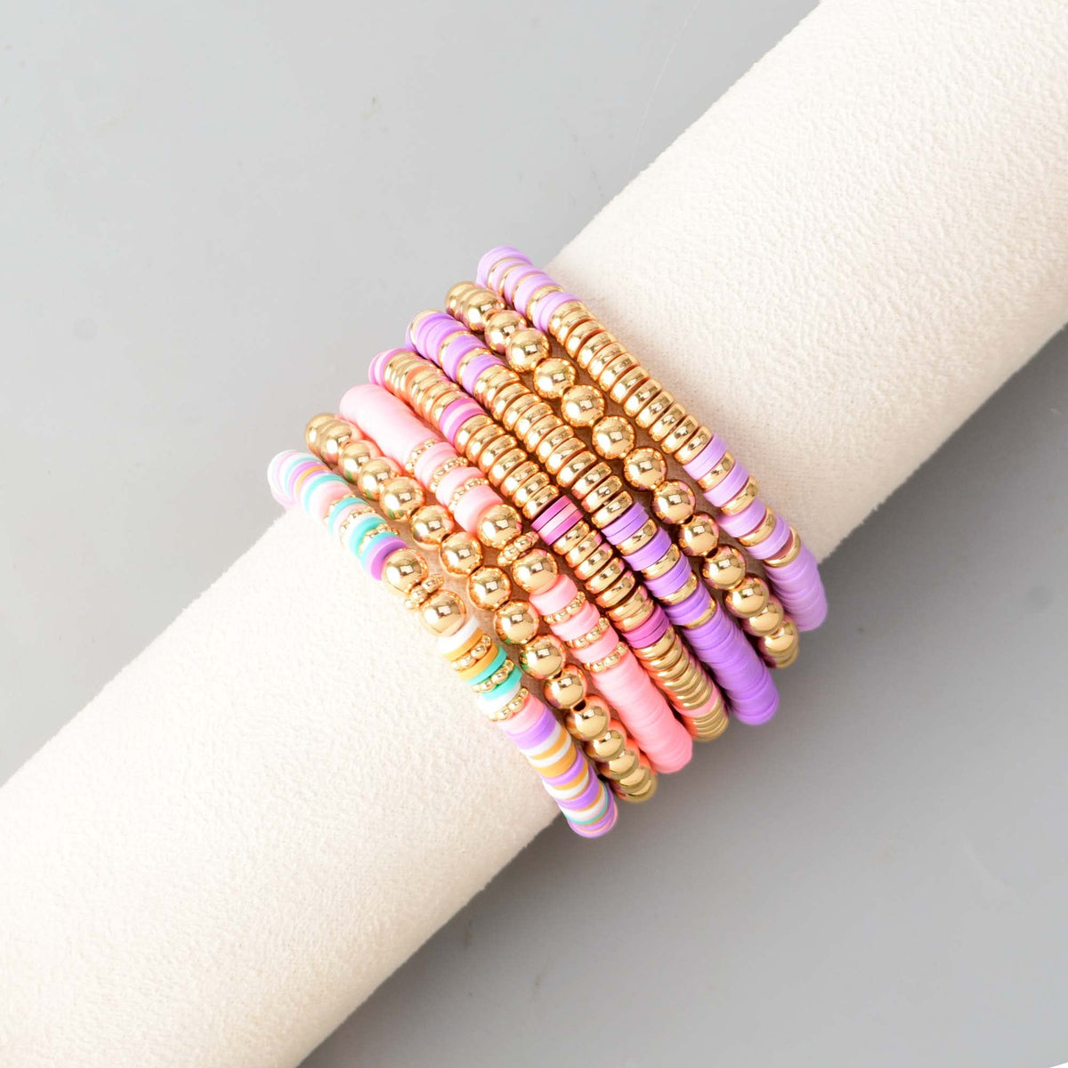 GOOJIDS Surfer Heishi Clay Bead Bracelets for Women Bohemian Stackable Gold Beaded Stretch Bracelets Elastic Layering Friendship Bracelets Set Boho Jewelry (G2-Purple&Pink 7pcs)