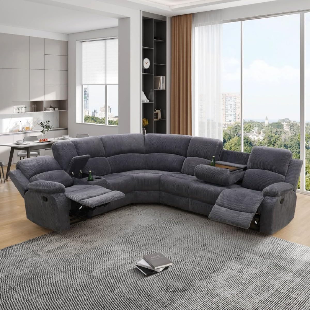 UOCFYK Reclining Sectional Sofa Set, L Shaped Recliner Couch with Cup Holder and Storage Console for Home Theater & Living Room, Dark Gray