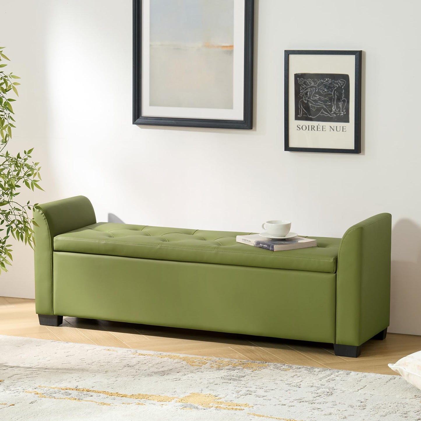 The support you need 58" Faux Leather End of Bed Storage Bench with Flared Arms & Tufted Seating, Large Elegant Transitional Upholstered Bedroom Benches, Flip Top Entryway Ottoman Footrest, Moss