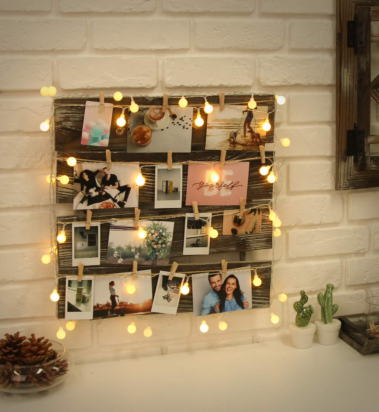 J JACKCUBE DESIGN Wall Mount Rustic Wood Clip Photo Holder, Photo Collage Frame for Multi Photo Display Wall Décor with 24 Clips 17.5 X 17.3inch - MK558A