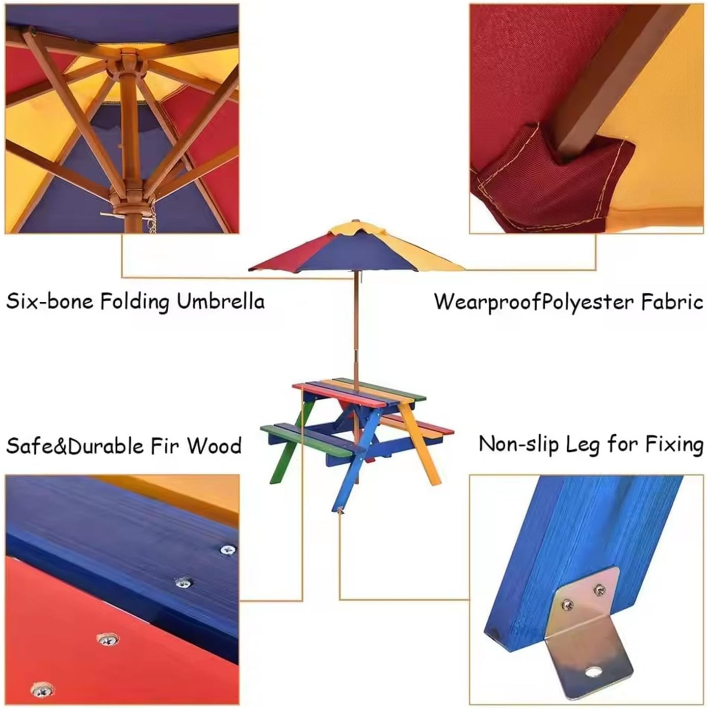 RUYICZB Kids Picnic Tables for Outdoors, Wooden Childrens Table & Bench Set with Removable Umbrella, Toddler Picnic Table Indoor Or Outdoor Activity Set for Backyard Or Patio
