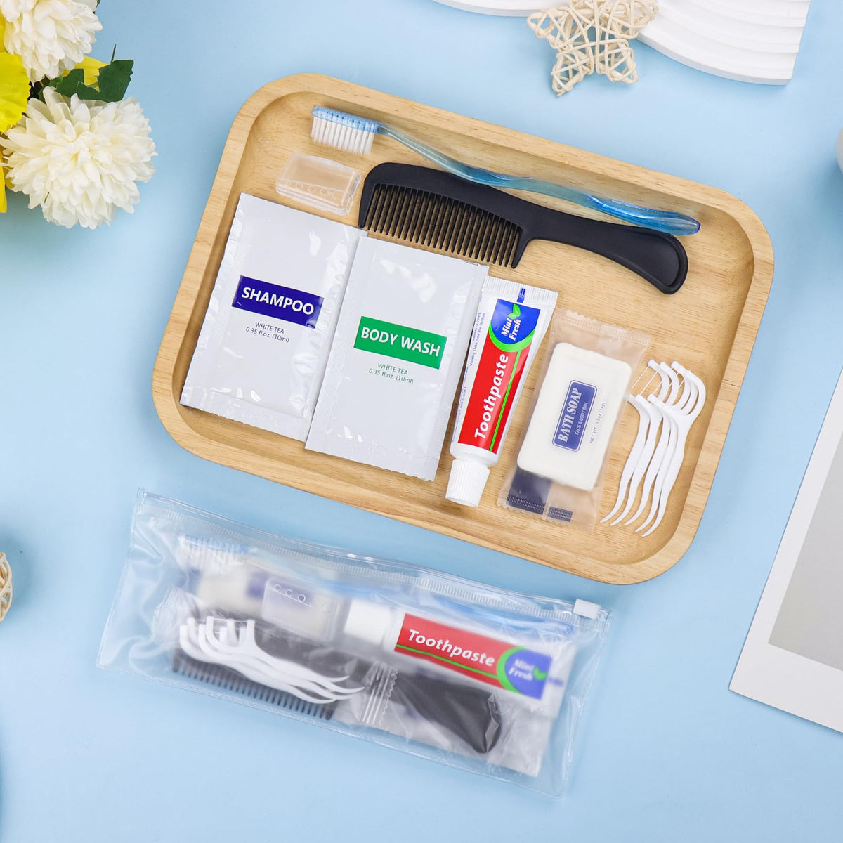5 Sets Personal Hygiene Kit Basic Toiletry Kits Homeless Supplies Bulk for Travel,Charity,Business Include 5 Toothbrush, 5 Toothpaste, 5 Comb, 5 Bath Soap, 5 Shampoo,5 Body Wash, 25 Floss Picks