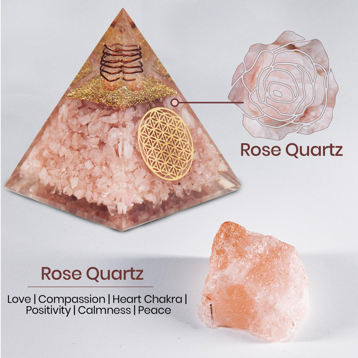 Real Crystal Rose Quartz Orgonite Pyramid, Healing Crystal Pyramid, Pyramid Crystal Gemstone Pyramid for Meditation, Motivation, Positivity - Handmade in India