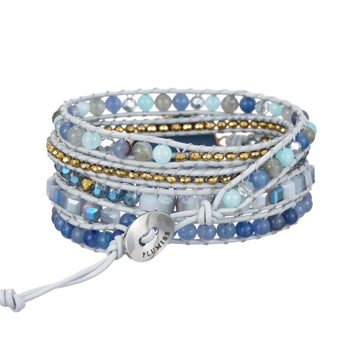 Plumiss Boho Handmade Stone Bracelet for Women Unique Healing Blue Aventurine Jasper Beaded Leather 5X Wrap Bracelets Jewelry for Women