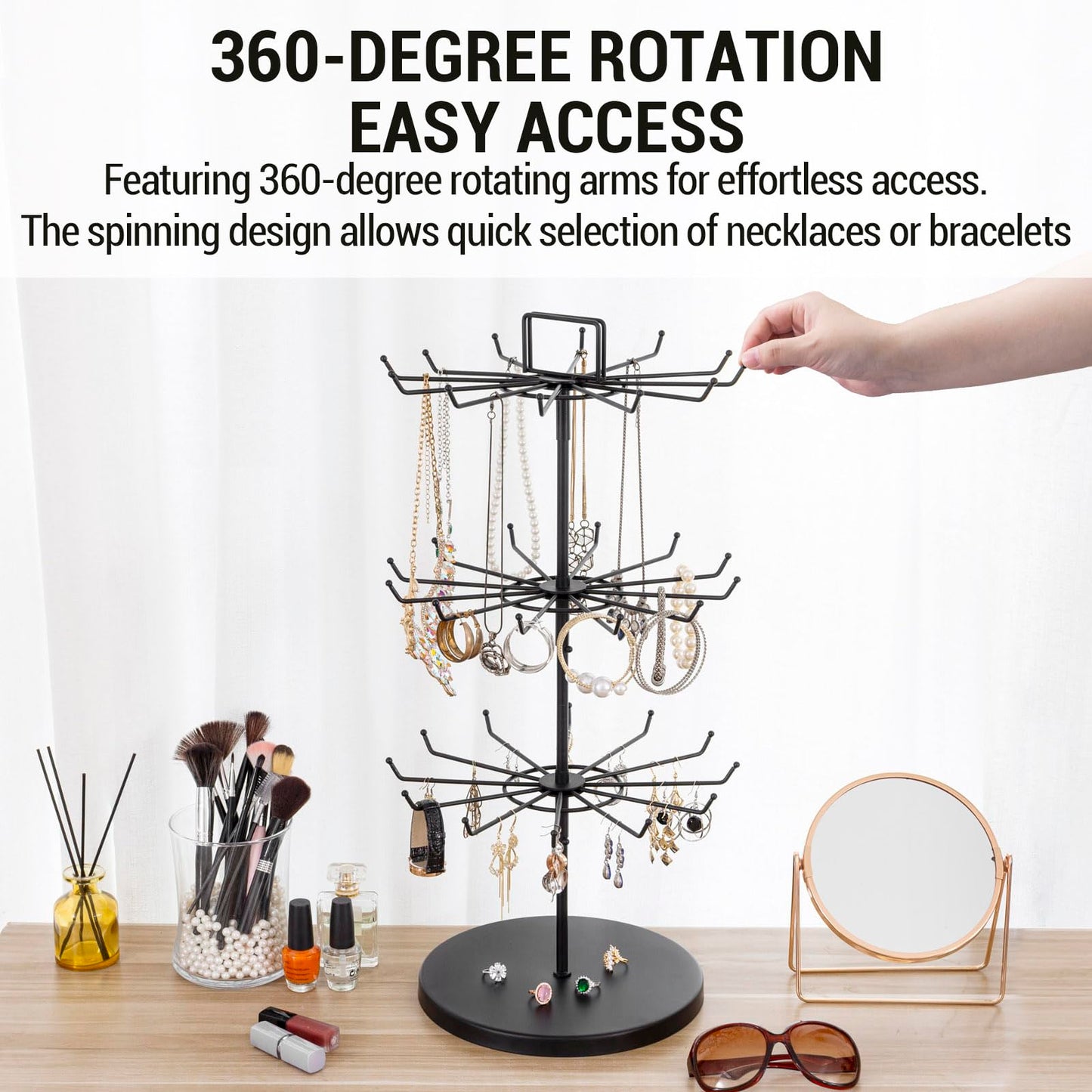 MyGift 3-Tier Matte Black Metal Jewelry Tree Display Stand – 360 Rotating Necklace & Bracelet Organizer Tower with 36 Hooks and Top Sign Holder