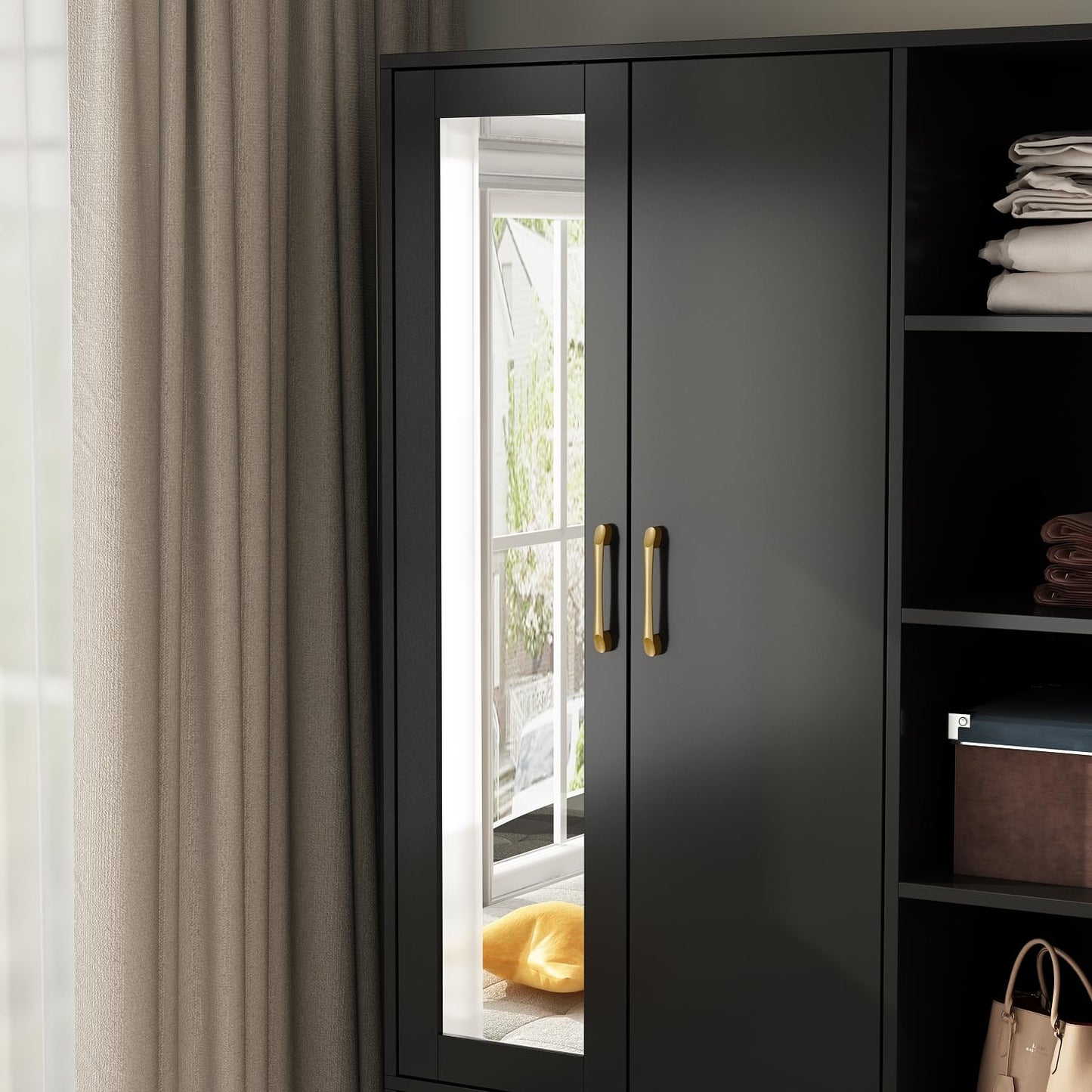 Homsee Wardrobe Armoire Wooden Closet with Mirror, 2 Doors, 2 Drawers, 4 Open Storage Cubes and Hanging Rod for Bedroom, Black (35.5”L x 15.8”W x 70.8”H)