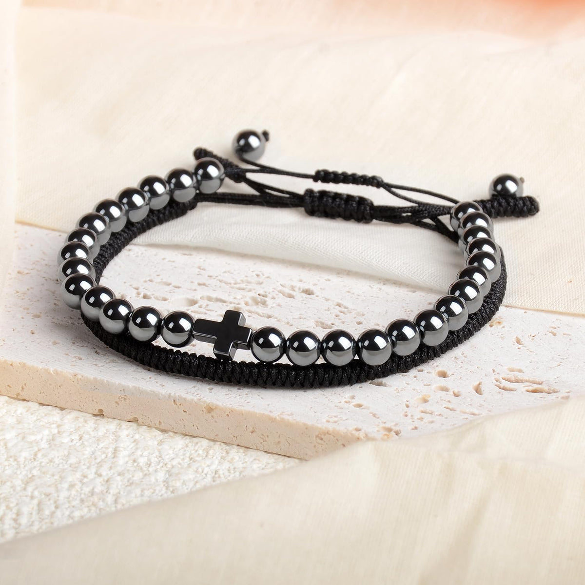 LPBeads 6mm Hematite Cross Bracelet with Handmade Rope Bracelet Size Adjustable Natural Stone Crystal Healing Bracelets Gifts for Unisex Adults