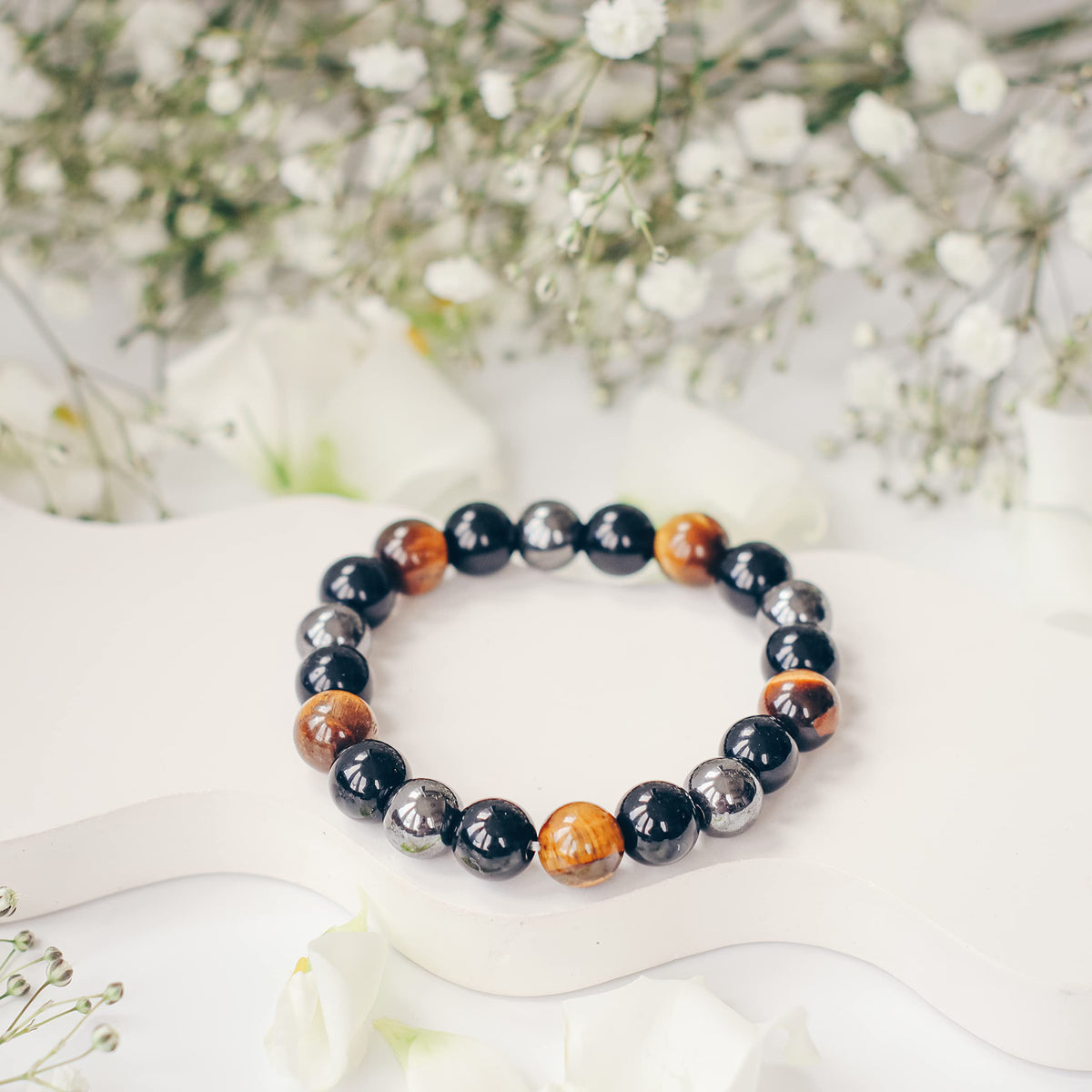 Triple Protection Bracelet for Men Women | Black Tourmaline Obsidian Hematite 8mm Beaded Bracelet | Anxiety Relief Chakra Healing Gemstone Crystal Gift