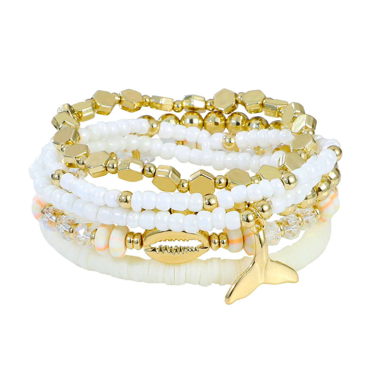 RISHEGAE Heishi Beaded Stretch Bracelets for Women Stackable Gold Polymer Clay Beads Bracelets Friendship Boho Summer Beach Bracelet Jewelry Set (E-Summer 6pcs)
