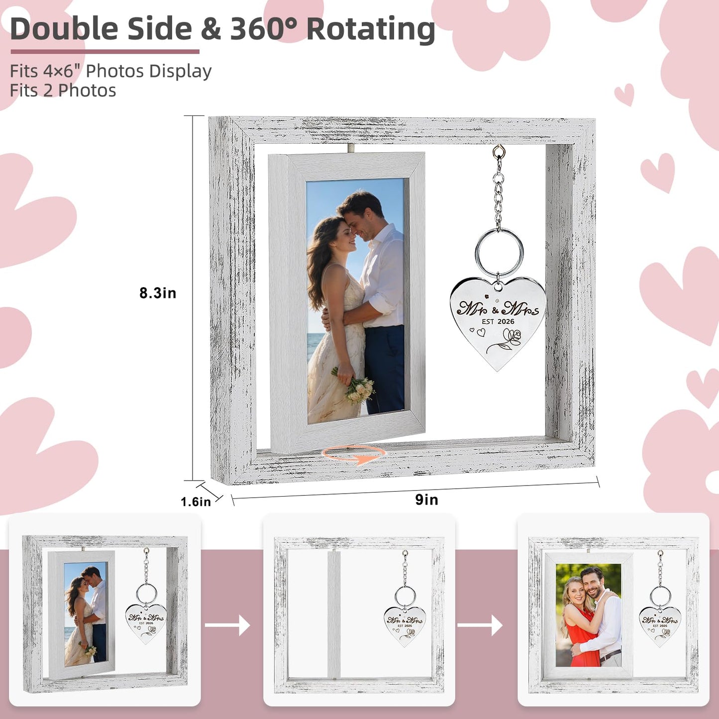 Fooyekep Wedding Gifts for Couples 2026, Wedding Picture Frame - Rotating Floating Mr and Mrs Frame, Bridal Shower Gifts for Bride, Engagement Gift for Couples Newlyweds, Holds 4x6 Pictures