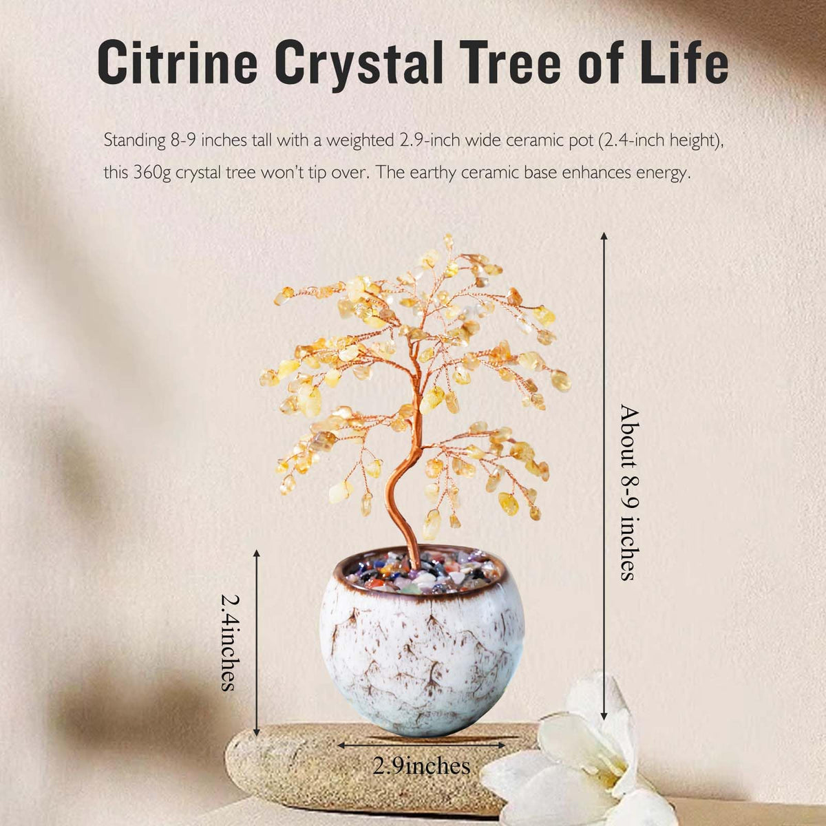 Runyangshi Citrine Crystal Tree of Life - 8" Large Natural Chakra Healing Crystal Tree, Bringing Money, Good Luck, Positive Energy for Home Decor, Feng Shui Gifts, Office Desk Ornament