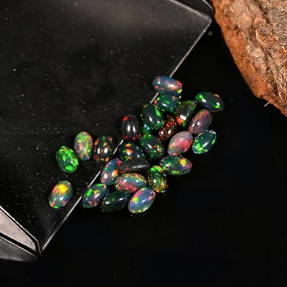 Natural AAAA+ Quality Ethiopian Opal Cabochon Lot, Oval Shape, Multi Fire Opal for Jewelry Making (5 pcs Black Opal - 5x7mm)