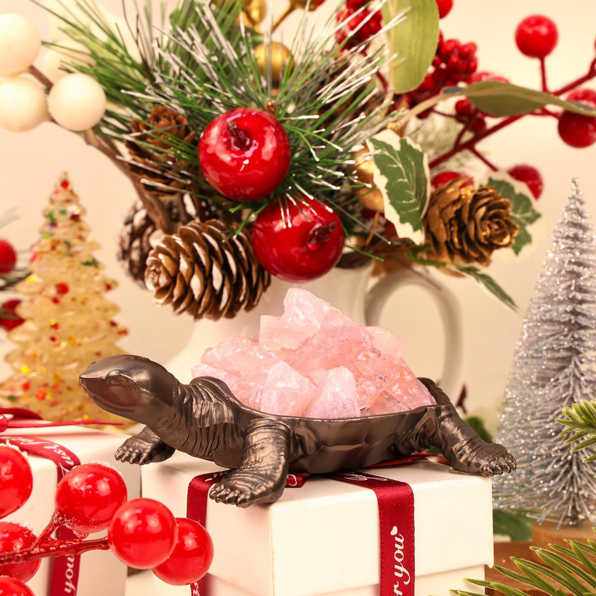 DUQGUHO Turtle Decor Figurines Turtles Gifts for Women Rose Quartz Crystal Cute Turtle Statue Decorations