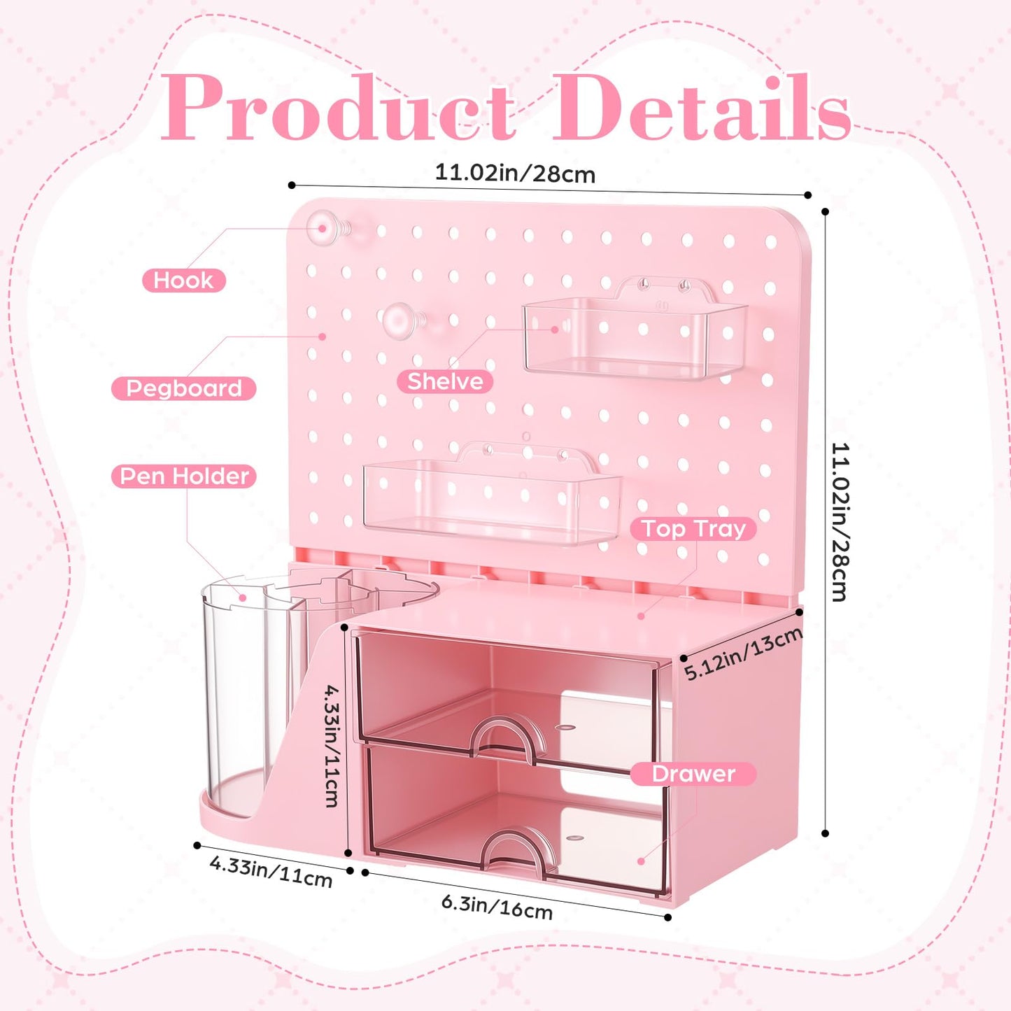 Novabright Desk Organizer with 2 Drawers, Rotating Pen Holder with 5 Slots & Pegboard, Back to School & End of School Year Gifts, Multifunctional Desktop Storage for Desk Home Office Supplies(Pink)