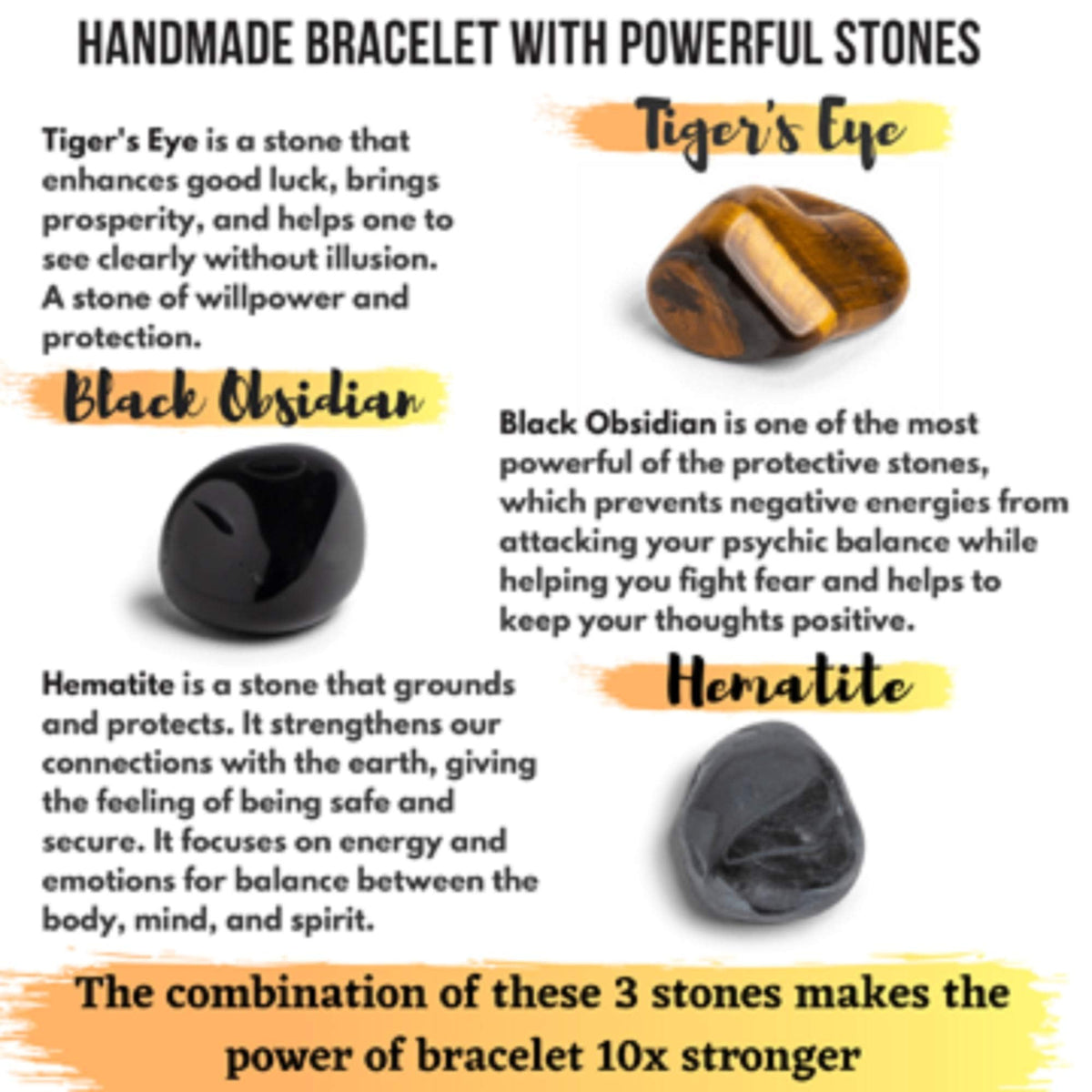 Triple Protection Bracelet for Men Women | Black Tourmaline Obsidian Hematite 8mm Beaded Bracelet | Anxiety Relief Chakra Healing Gemstone Crystal Gift