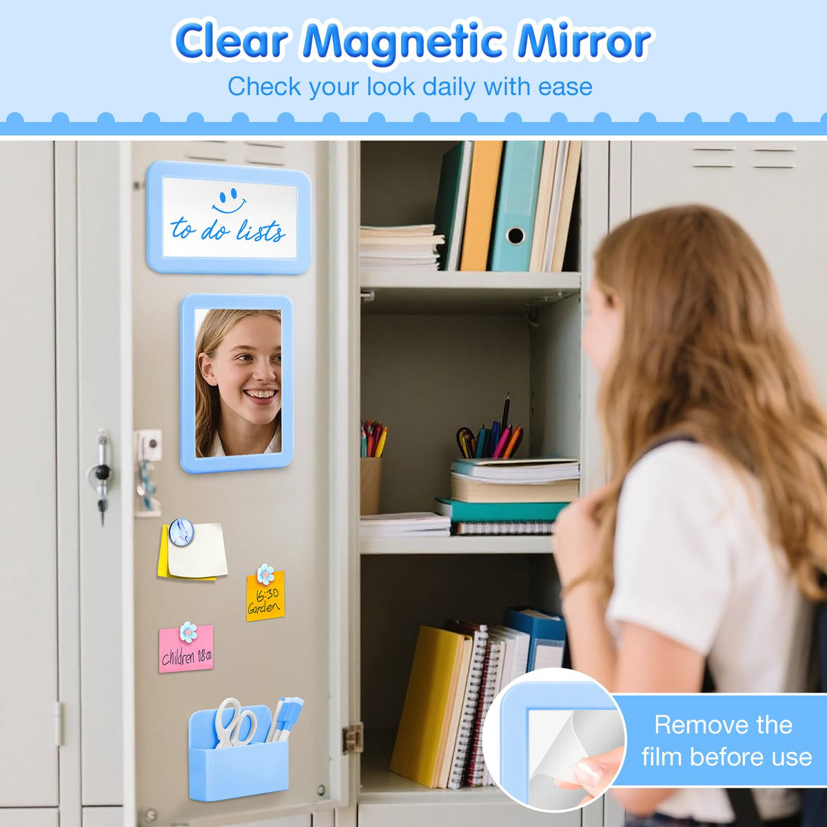 MoKo Locker Accessories Set, 15PCS Back to School Supplies Includes Magnetic Mirror, Whiteboard, Markers, Pen Holder, Magnets, Locker Organizer for School Office (Blue)