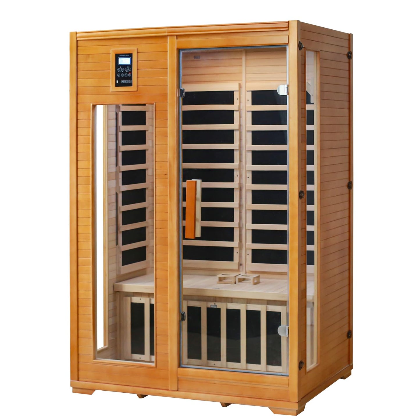 EAGLE PEAK 2 Person Low EMF Far Infrared Sauna, Red Light and Chromotherapy Lighting, Bluetooth Speakers, USB Port, Indoor Dry Heat Sauna, Canadian Hemlock Wood, Brown