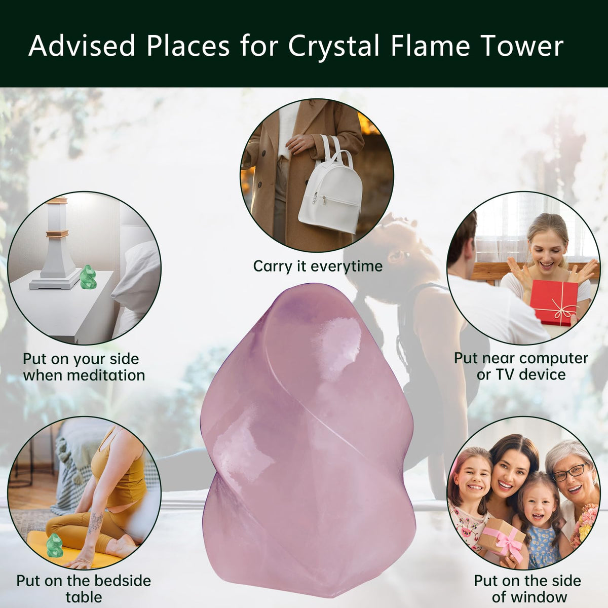 Hguxmcu Natural Rose Quartz Flame Tower,Reiki Healing Energy Meditation Crystal Stone Decor,Home Office Witchcraft Altar Space Cleansing