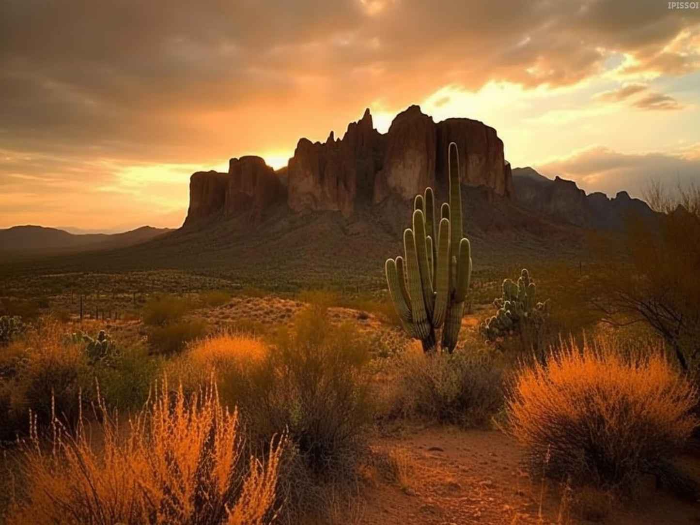 IPISSOI DIY 5D Diamond Art Kits Painting for Adults Superstition Mountains Sunset Arizona Western Desert Cactus Landscape Nature 12x16inch