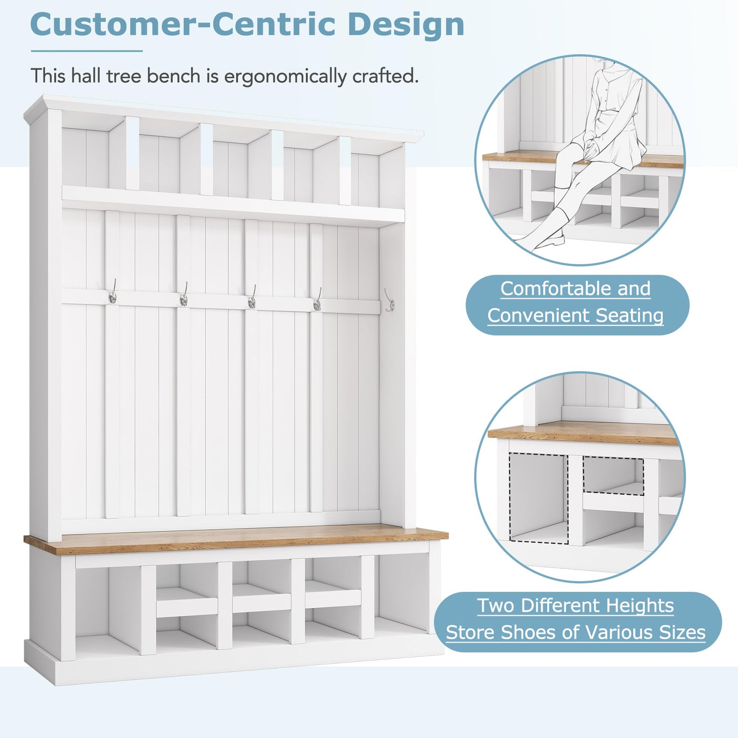 Farmhouse Wood Hall Tree with Bench and Shoe Storage, 5-in-1 Coat Rack with 6 Hooks for Entrance, Hallway White