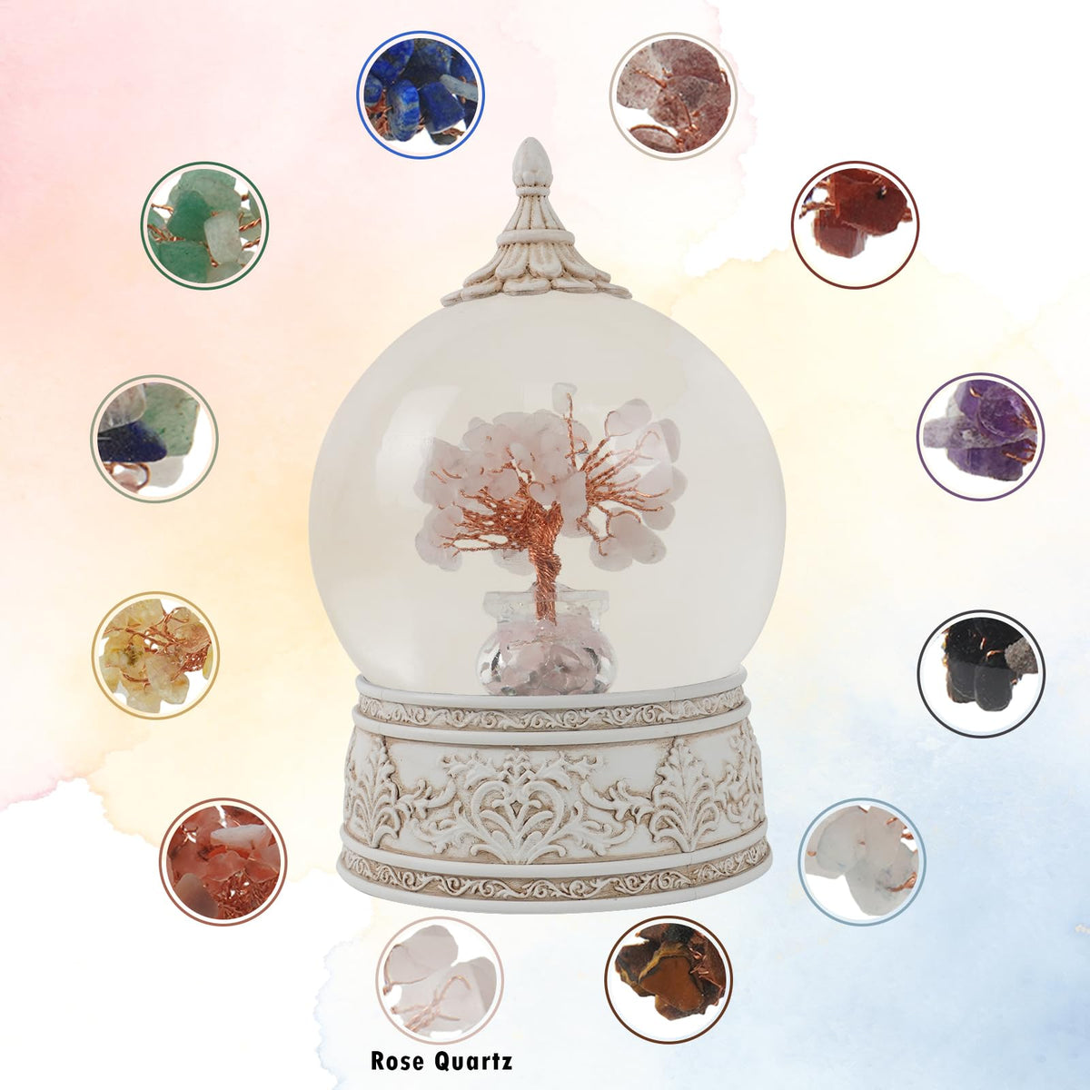 Rose Quartz Healing Crystal Tree Globe with Colorful Lights Sparkling Glitter, Natural Gemstone Base, Spiritual Meditation, Positive Energy Good Luck, Home Decor, Birthday Gifts (Rose Quartz)