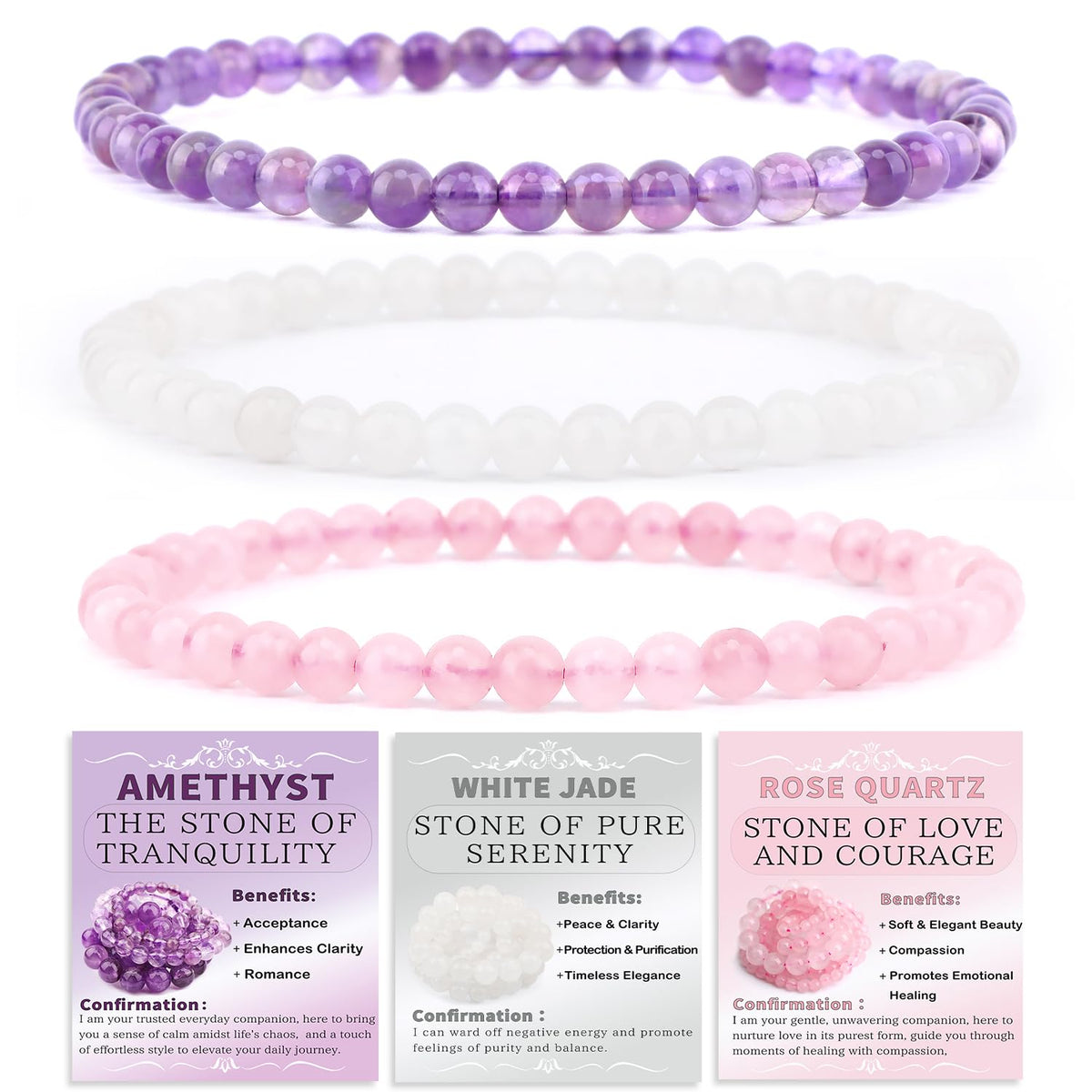 NCB 3-Piece 4mm Natural Crystal Gemstone Stretch Bracelets – ﻿Amethyst, Pink Quartz, White Jade Handmade Reiki Energy Healing Jewelry for Meditation,Yoga, Unisex