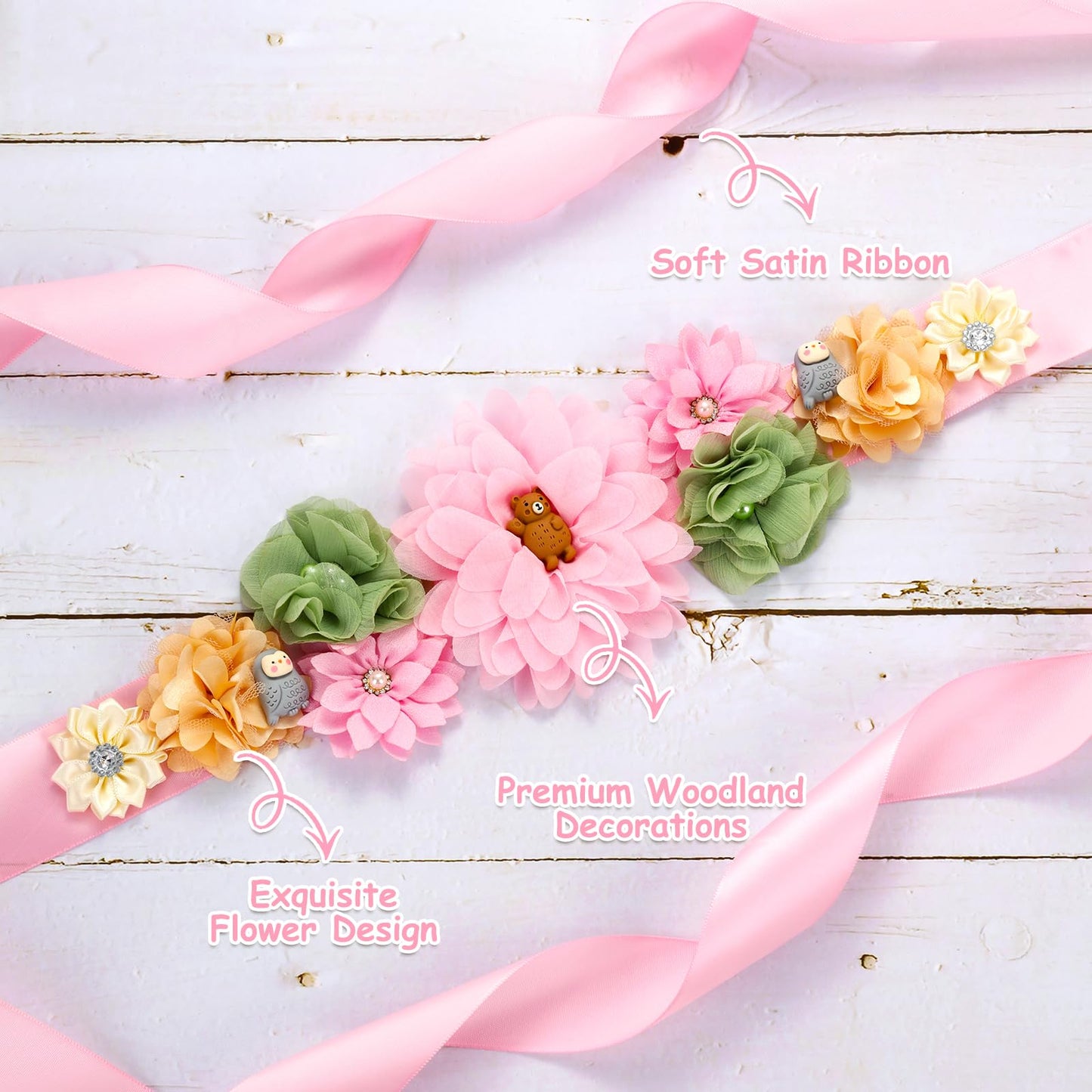 JOYMEMO Pink Woodland Animal Baby Shower Maternity Sash Kit - Woodland Theme Baby Shower Belly Belt and Mom to Be & Dad to Be Corsage Pins, Pregnancy New Parents Photo Props Party Supplies