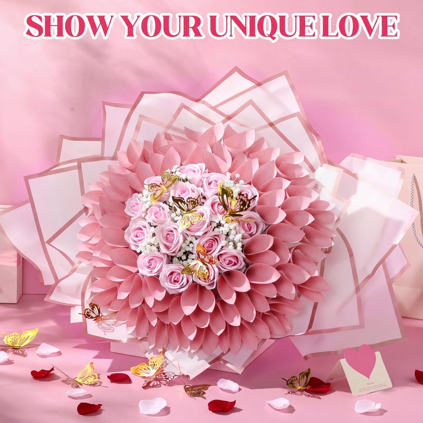 Marspark Graduation Money Bouquet Flower Kit Gift Included 20 Sheet Flower Wrapping Paper 36 Fake Flowers 100 Bamboo Skewer Floral Foam Block for Mother's Day Anniversary Wedding(Pink,Classic)