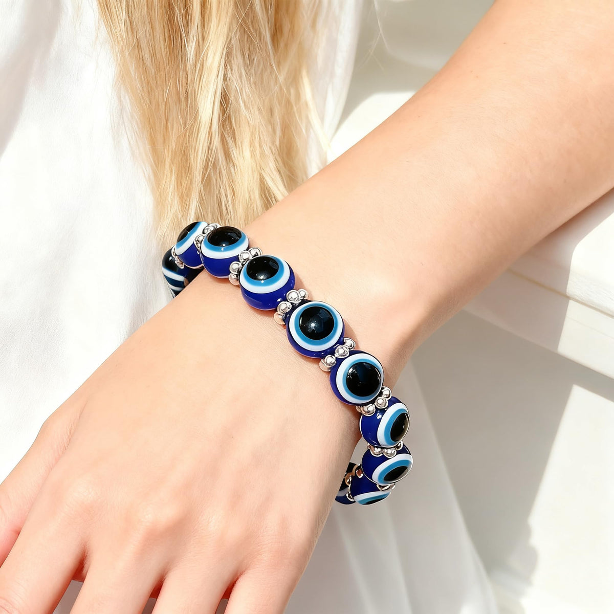 Cryhand Female 8mm Beaded Bracelets For Women Evil Eyes Bracelet for Men Handmade Lucky Money Stretchy Crystal Bracelets Best Gifts