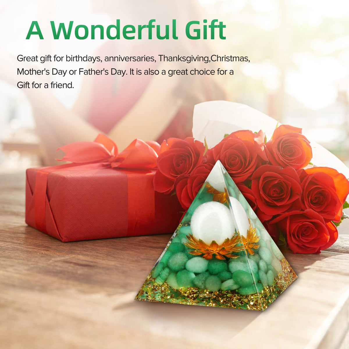 Hopeseed Orgone Pyramid Flower of Life Crystals and Healing Stones Orgonite Pyramids for Positive Energy with Green Aventurine and White Jade Crystal that Promotes Prosperity and Good Luck