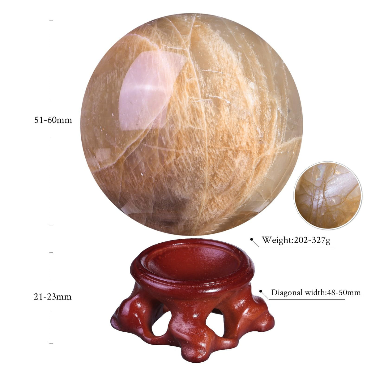 Nupuyai Natural Orange Moonstone Crystal Ball with Resin Stand, Healing Crystal Sphere for Home Decor 2.01"-2.36"(51mm-60mm)