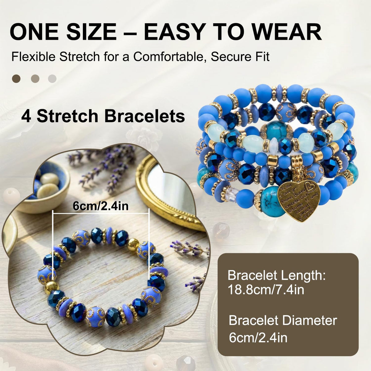 Ysenchan Bohemian Bracelet Set for Women, 4 Pcs Beaded Stackable Bracelets with Heart Charm, Stretch Bracelets, Boho Jewelry Gift – [Blue]