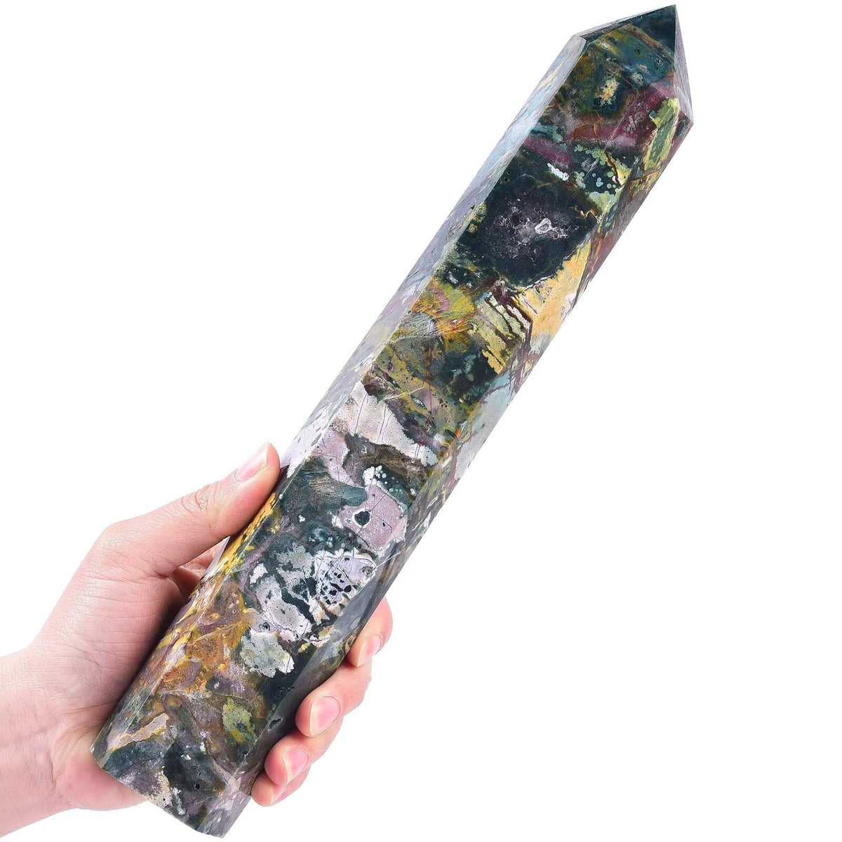 AMOYSTONE Large Ocean Jasper Stone Wand Healing Crystal Obelisk Tower 6 Faceted Column Reiki Chakra Meditation Therapy 2.2-2.6 LBS