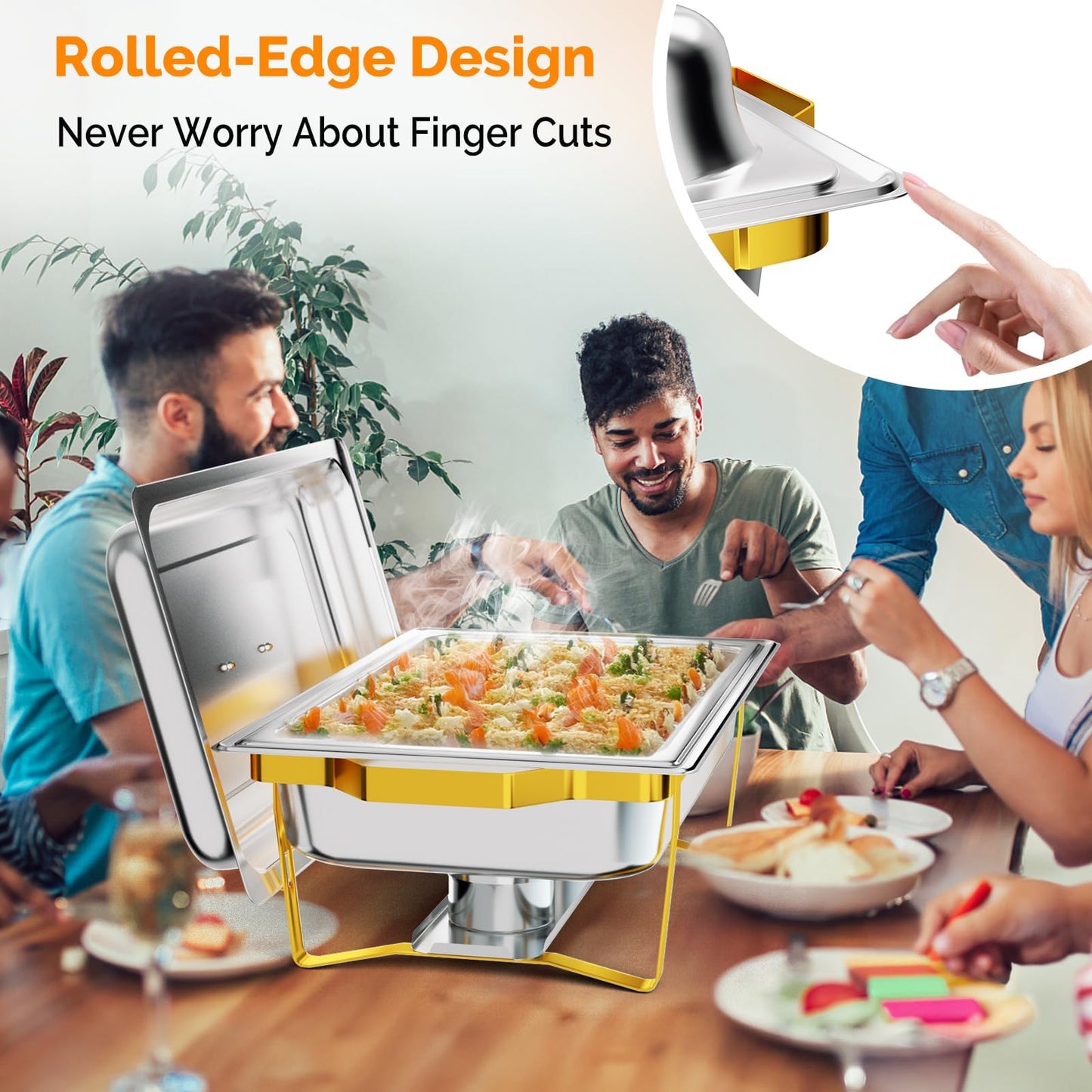 Bonnlo 8 Pack Chafing Dishes for Buffet, 9 Qt Stainless Steel Food Warmer Set with Lids, Rolled Edge Catering Chafer with Folding Frame for Wedding, Banquet, Party & Hotel Service, Silver & Gold