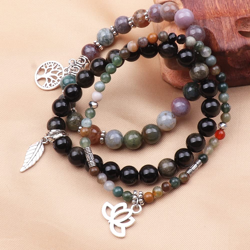 UEUC Tree of Life Yoga Healing Stone Bracelets, Multilayer Lotus Chakra Stone Reiki Bracelet Sets, Anxiety Crystal Natural Stone,for Women Stress Relief(#130)