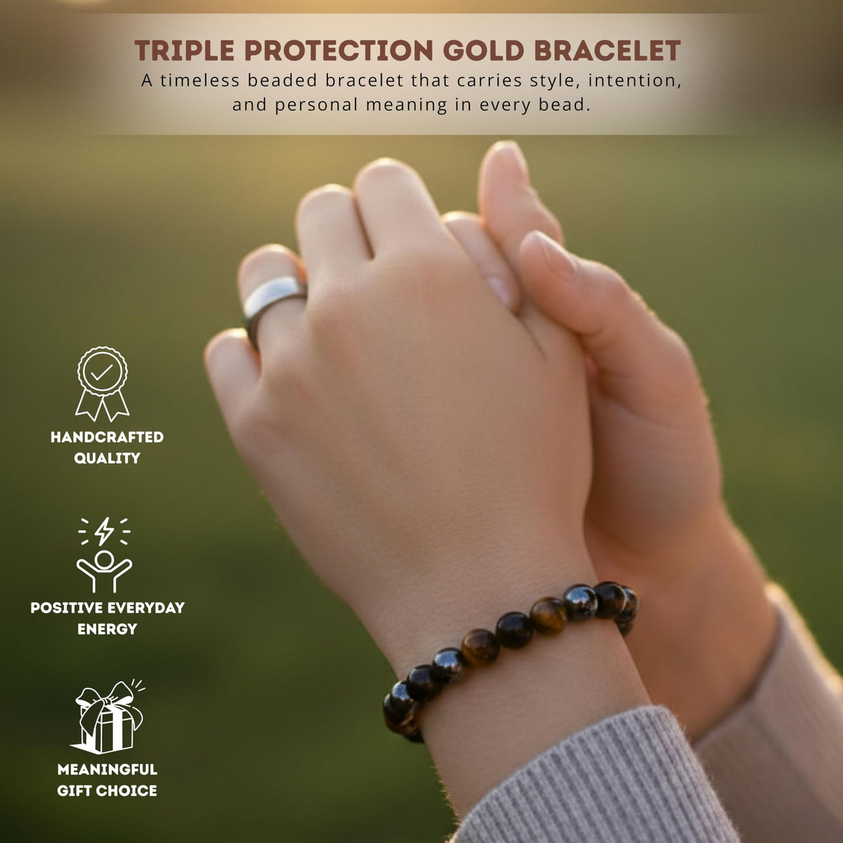 Cherry Tree Collection Triple Protection Beaded Bracelet – Genuine 8mm Gemstone Stretch Bracelet for Men & Women – Handmade Crystal Bracelet - (Triple Protection - M)