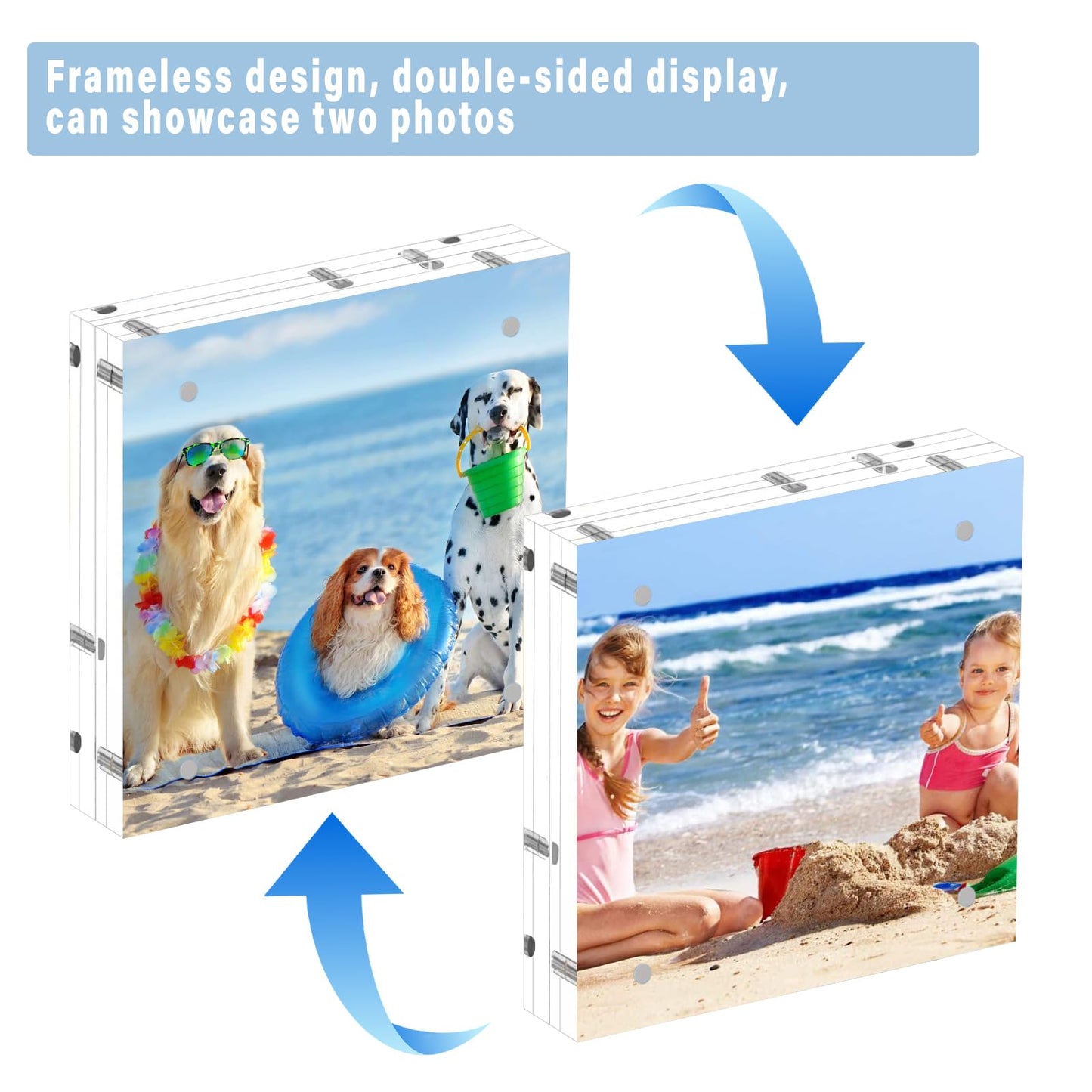 HELPLEX 2 Pack 8x8 Acrylic Picture Frames, 24mm Thicker Square Frameless Clear Frame Double Sided Magnetic Frame, Free Standing Desktop Display Stand Acrylic Frames