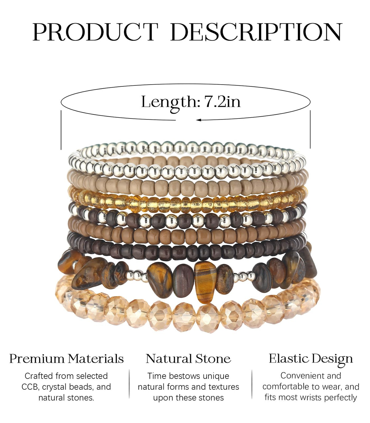 Noessla Boho Beaded Bracelets for Women Stackable Irregular Natural Stone Bead Stretch Bracelet Set 8PCS Costume Jewelry Gifts for Her(Brown)
