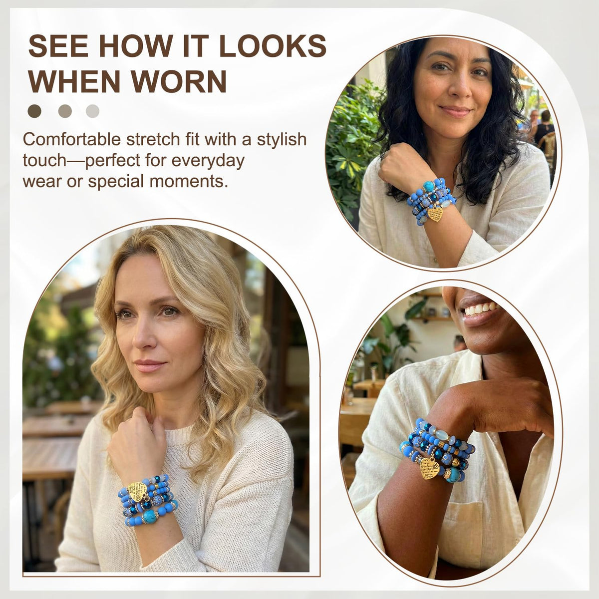 Ysenchan Bohemian Bracelet Set for Women, 4 Pcs Beaded Stackable Bracelets with Heart Charm, Stretch Bracelets, Boho Jewelry Gift – [Blue]