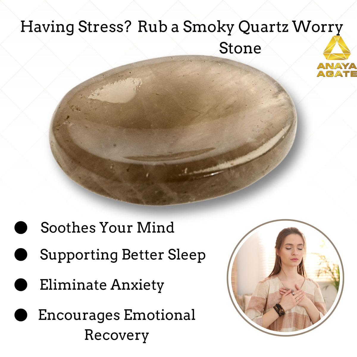 Anaya Agate Smoky Quartz Worry Stones Certified Crystal Thumb Worry Stone for Anguish, Relaxing and Soothing Balance Stones for Meditation, Stress Relief Crystals and Healing Stones for Men, Women