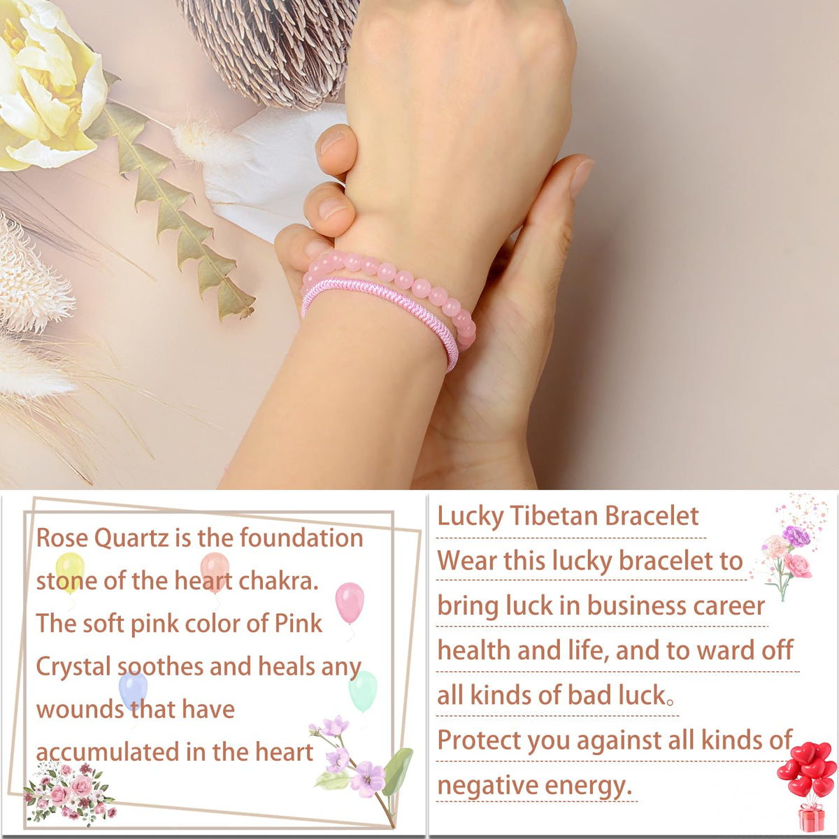 LPBeads 6mm Rose Quartz Bracelet with Handmade Rope Bracelet Size Adjustable Natural Stone Crystal Healing Bracelets Gifts for Unisex Adults