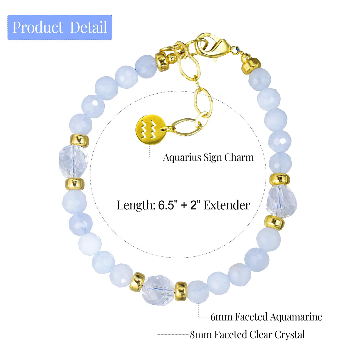 Ayriwoyi Aquarius Zodiac Bracelet Aquamarine Clear Quartz Crystal Healing Beads Bracelet 12 Constellations Bracelets Adjustable Astrology Jewelry Gift Women