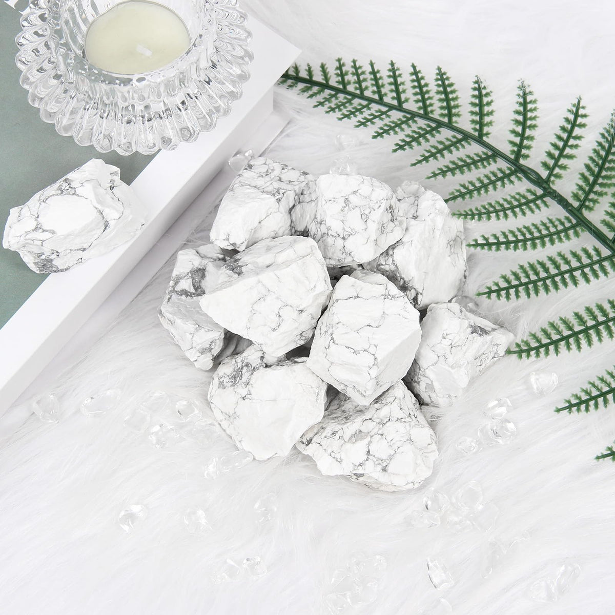 1.1lb Bulk Raw Howlite Rough Crystal- Natural Howlite Raw Stones Crystal for Tumbling, Cabbing, Fountain Rocks, Decoration, Polishing, Wire Wrapping, Wicca & Reiki Crystal Healing