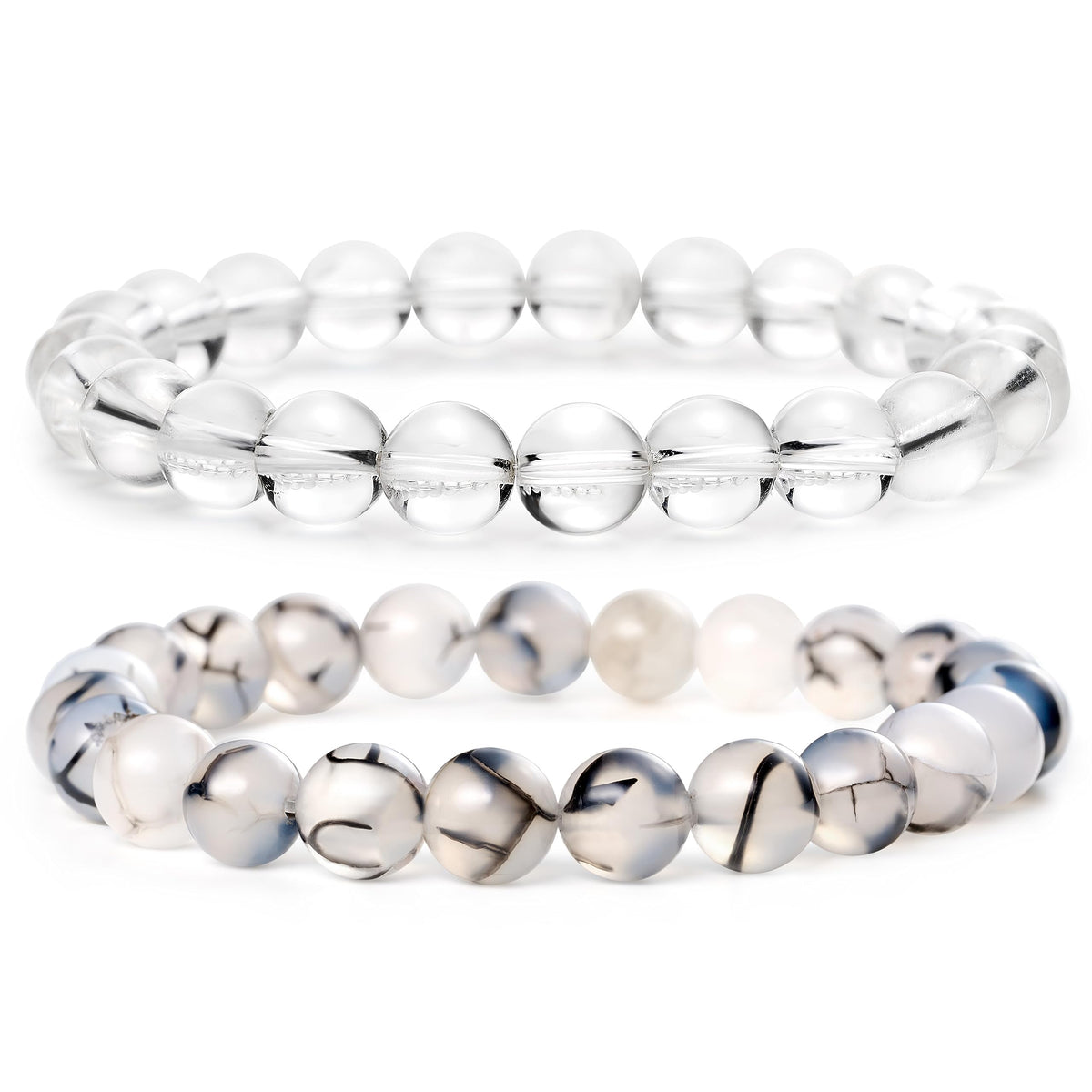 Bivei Natural Gemstone Semi Precious Crystals Handmade Stretchy Round Beads Bracelet, Enhance Positive Energy,Stocking Stuffers for Women(Clear Quartz & Dragon Vein Agate（Master Healer） Medium)